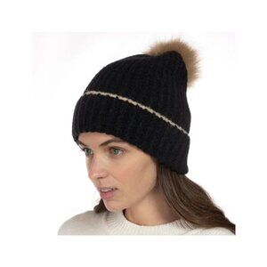 Style & Co Womens One Size Ribbed Tipped Beanie Hat With Faux-Fur Pom Black 1286